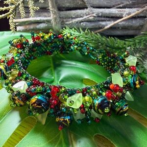 Colorful Glass Beaded Statement Bracelet in Green, Red and Blue